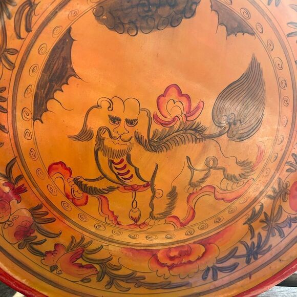 Set of 2 Wax Stamped Vintage Asian Hand Painted Floral Wooden Plates - Picture 16 of 16